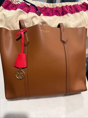 Tory Burch Brown Leather Tote with Red Tag and Gold Logo Charm